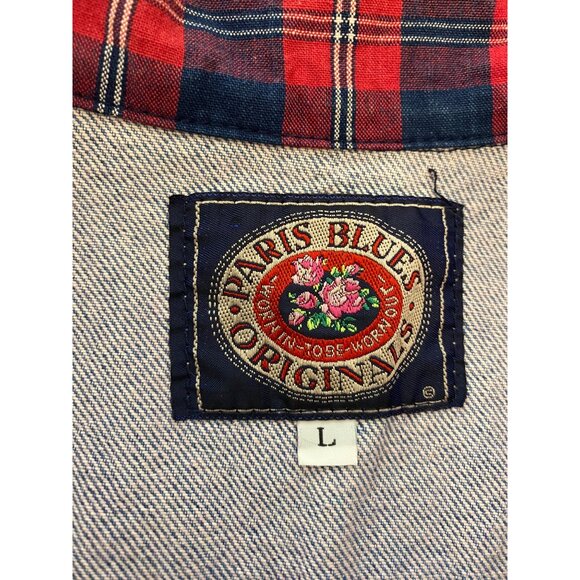 Vintage Paris Blues Denim Vest Plaid Collar & Floral Hem Large - Picture 3 of 8